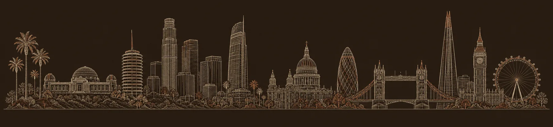 Etched outline of the Los Angeles and London skylines